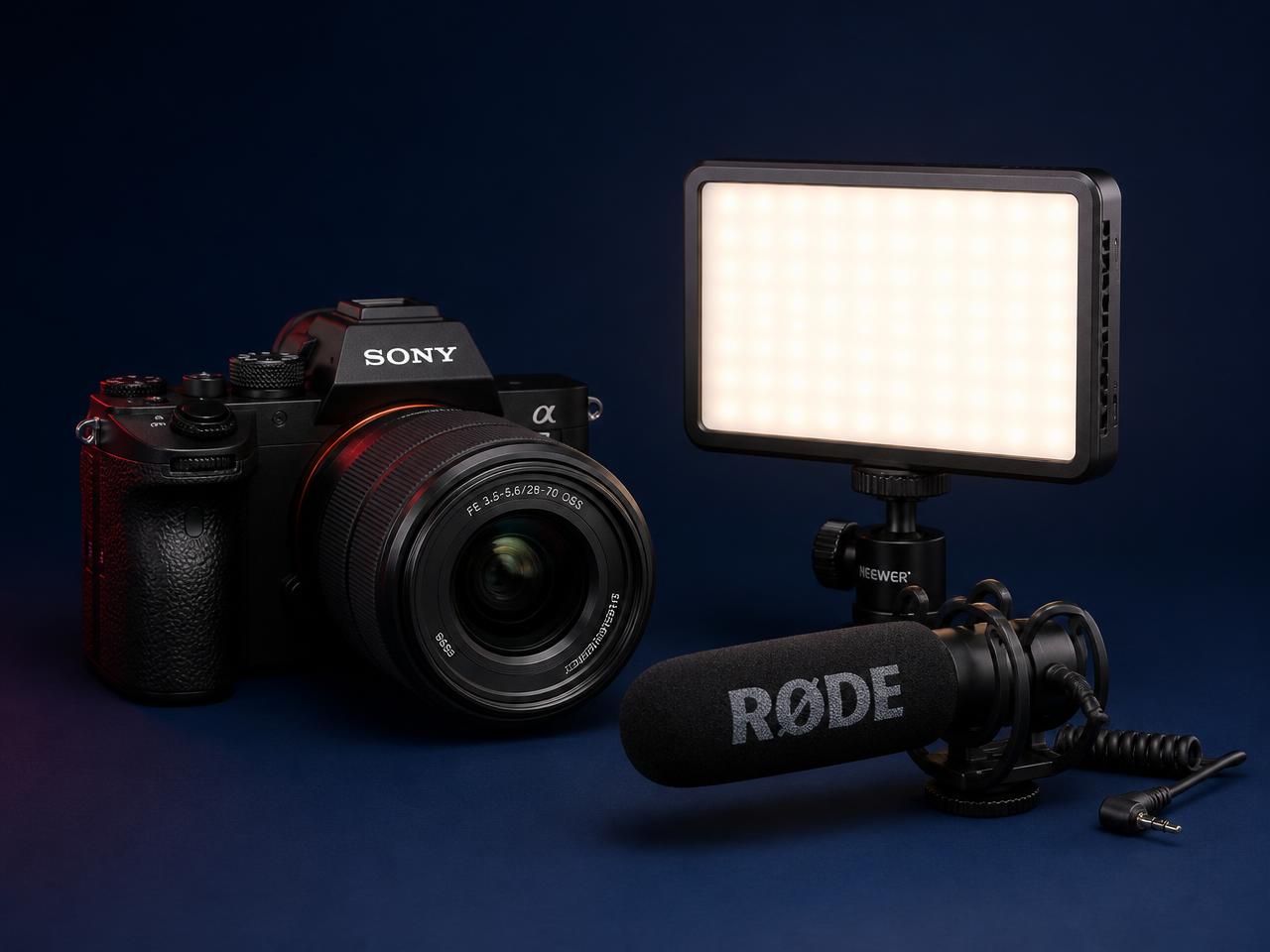 Câmera, iluminador de LED e microfone shotgun sobre fundo azul de estúdio